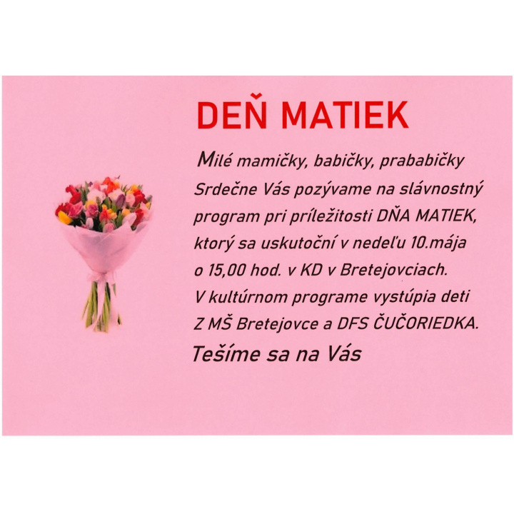 Deň matiek 10.5.2026 o 15.00 hod.