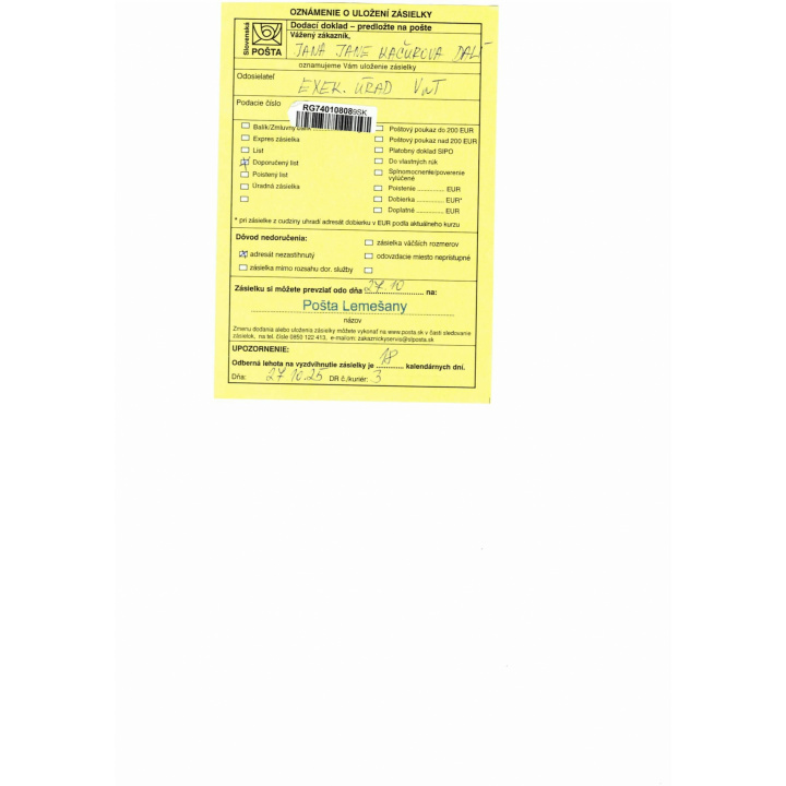 Oznámenie o uložení  zásielky