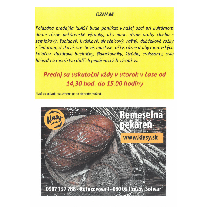 Pojazdná predajňa pekárenských výrobkov KLASY