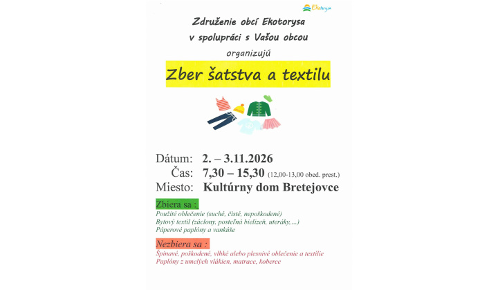 Zber šatstva  a textilu  2.-3.11.2026