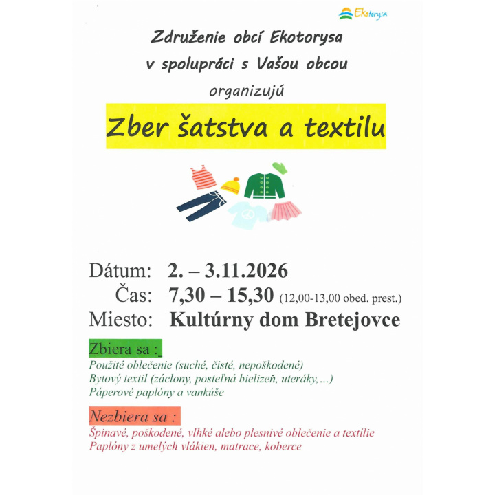 Zber šatstva  a textilu  2.-3.11.2026