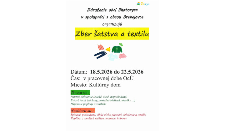 Zber šatstva a textilu   od 18.5.2026 do 22.5.2026
