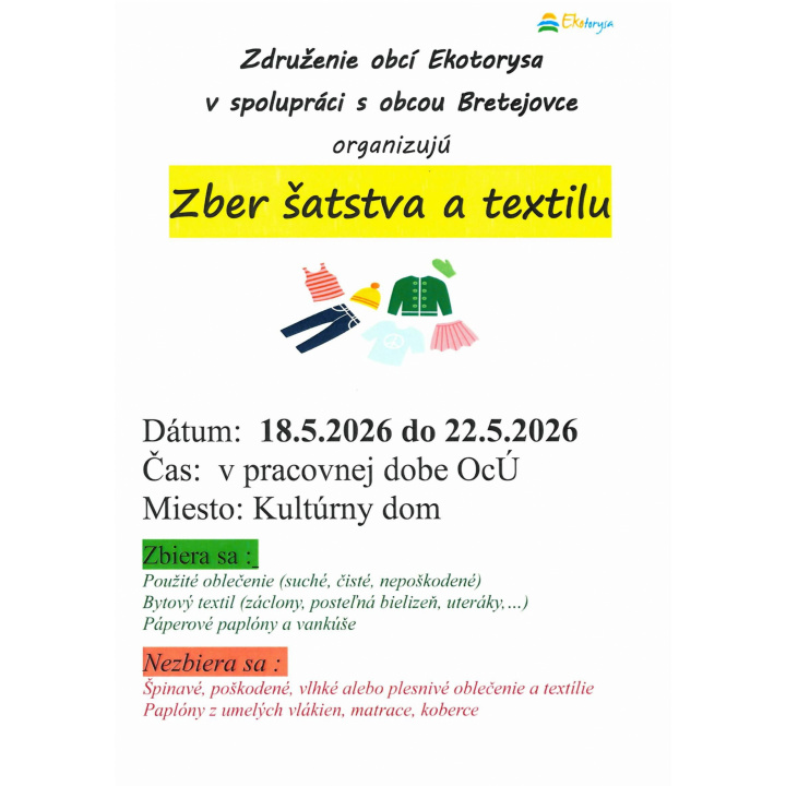 Zber šatstva a textilu   od 18.5.2026 do 22.5.2026